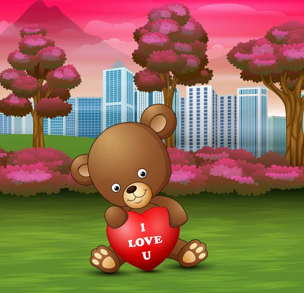 Забавный Медвежонок Сидит Красным Сердцем — стоковый вектор