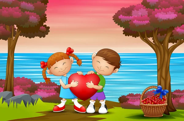 Couple Kid Holding Heart Nature Background — 스톡 벡터