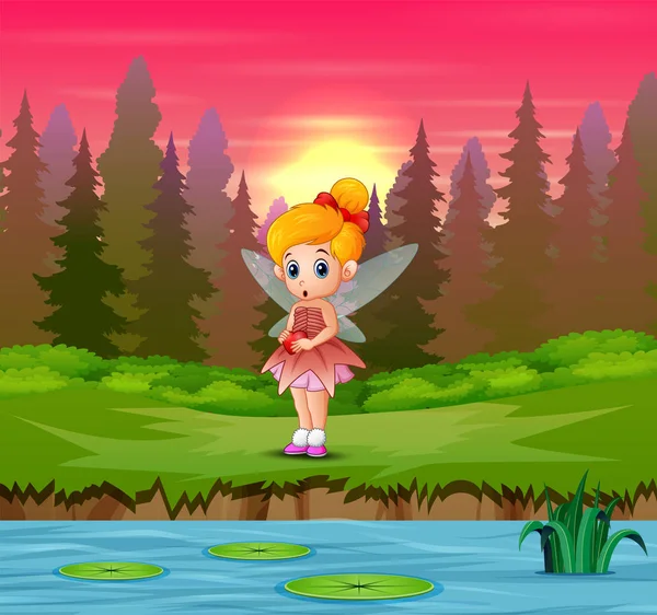 Cute Little Love Fairy Standing Riverside — Stock Vector