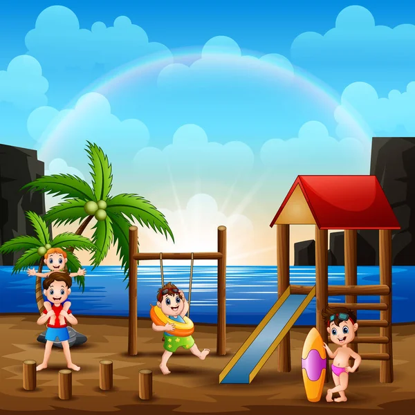 Happy People Playing Playground Beach — Stockový vektor