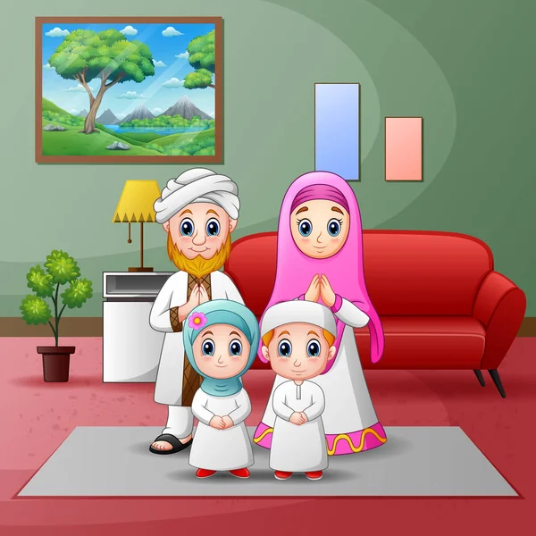 Mutlu Müslüman Bir Ailenin Evde Resmedilmiş Hali — Stok Vektör