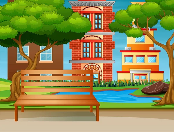 Wooden Bench Small Pond Town Park — 스톡 벡터