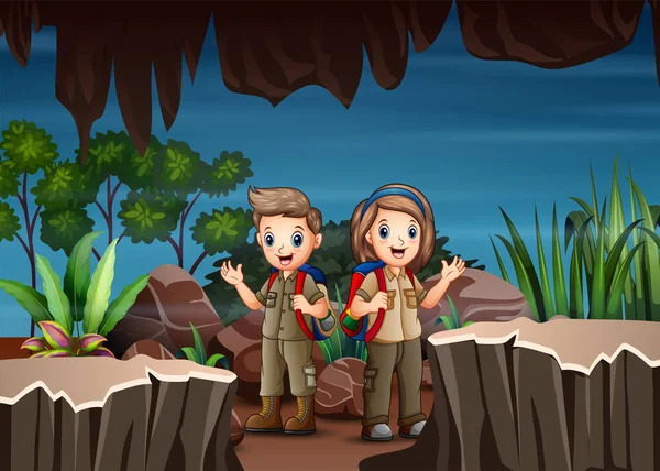 Bambini Dei Cartoni Animati Che Esplorano Grotta — Vettoriale Stock