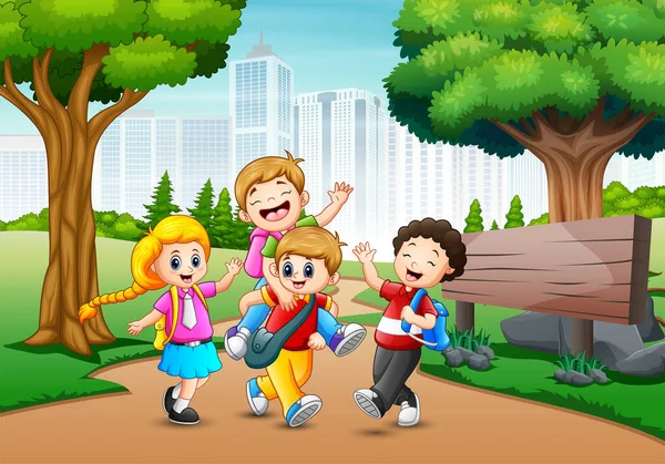 Niños Felices Caminando Pasan Por Ciudad Del Parque — Vector de stock