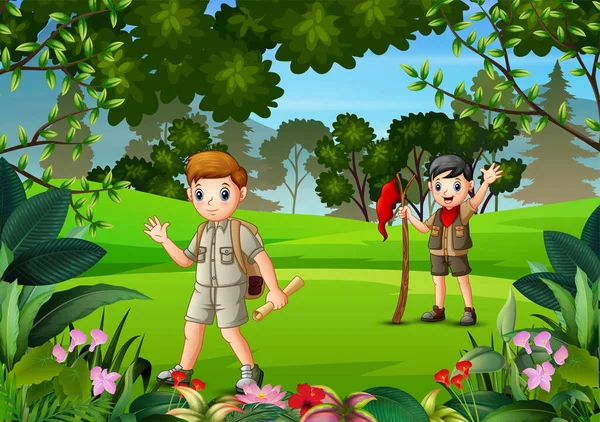 Escursioni Boy Scout Nella Foresta — Vettoriale Stock