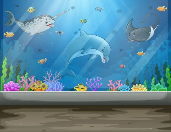 Підводний Музей Рибами Водоростями Великий Акваріумний Бак — стоковий вектор