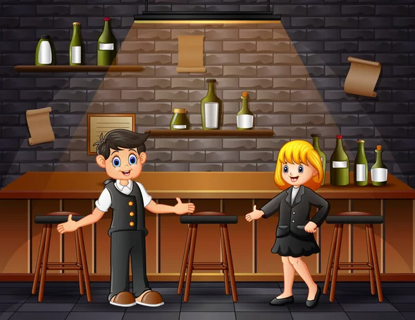 Γελοιογραφία Ένα Αρσενικό Και Θηλυκό Bartenders Στο Μπαρ — Διανυσματικό Αρχείο