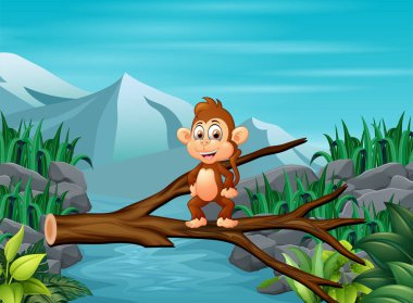 Illsutration of an monkey crossing a tree bridge