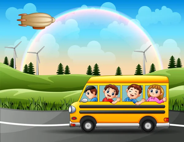 Szczęśliwe Dzieci Jazdy Samochodem Krajobrazie Przyrody — Wektor stockowy