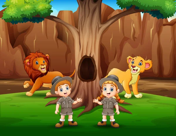 Eläintarhapuiston Eläintenhoitajat Leijonat Ulkoilmahäkissä — vektorikuva