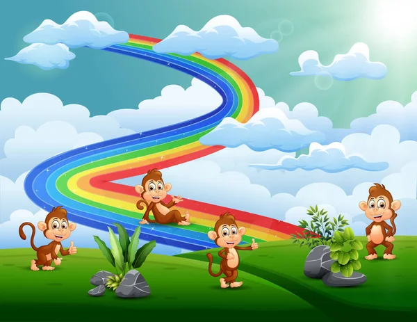 Sekelompok Monyet Puncak Bukit Dengan Pelangi - Stok Vektor