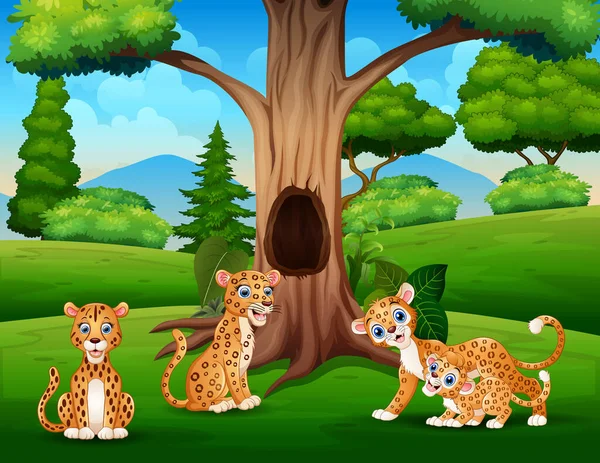 Una Famiglia Leopardi Che Vive Nella Giungla — Vettoriale Stock