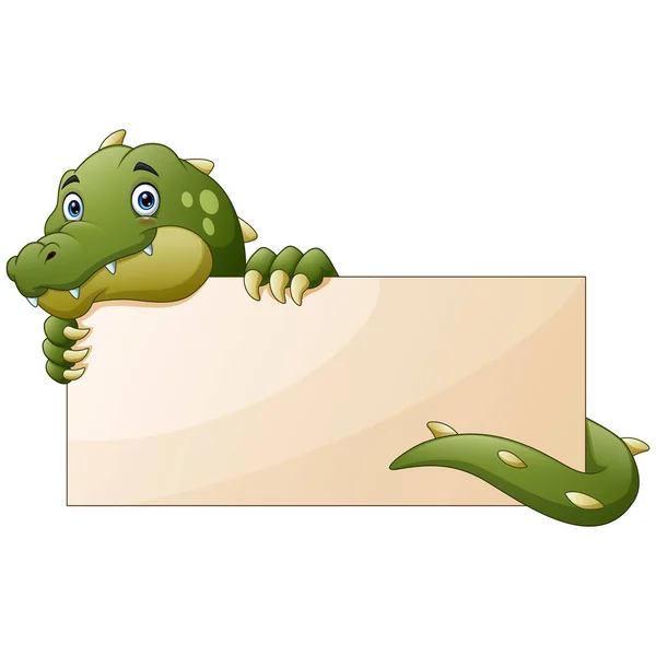 Desenhos Animados Crocodilo Engraçado Com Papel Sinal Branco —  Vetores de Stock