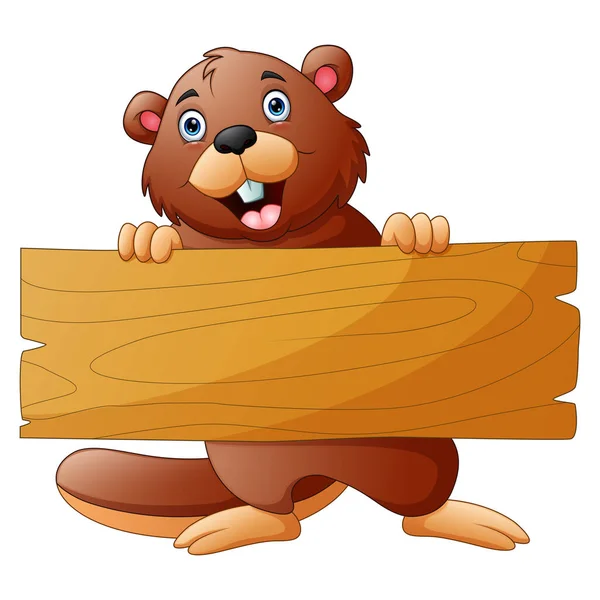 Beaver Cartone Animato Possesso Segno Legno Sfondo Bianco — Vettoriale Stock