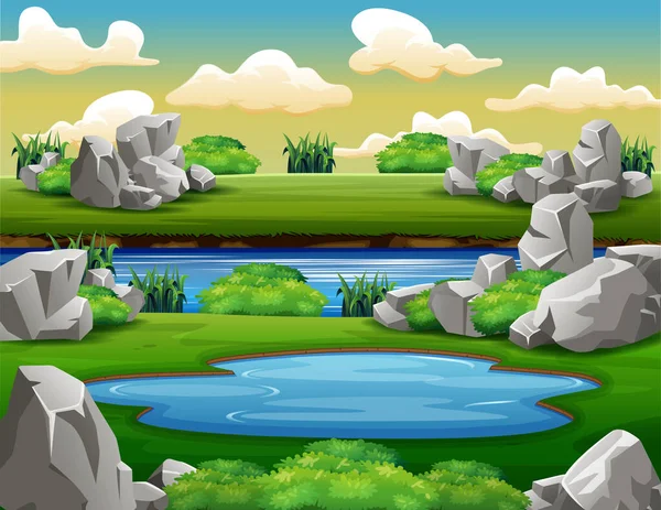 Background Scene Rocks Pond — Stock Vector
