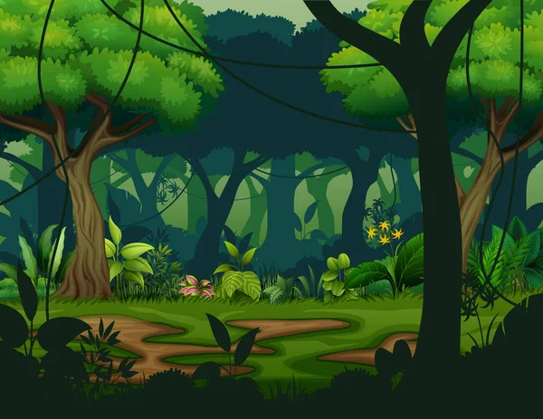Floresta Tropical Escura Com Fundo Árvores — Vetor de Stock