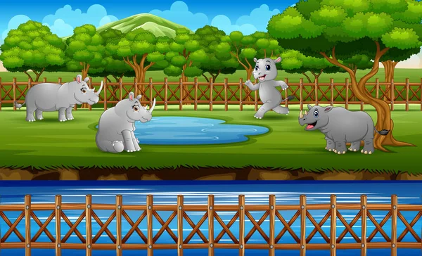 Scène Avec Nombreux Rhinocéros Jouant Dans Cage Ouverte Zoo — Image vectorielle