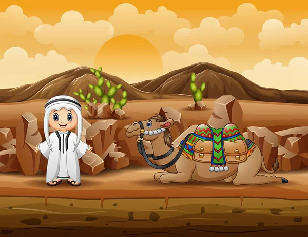 Arab Boys Camel Resting Desert — Stock Vector