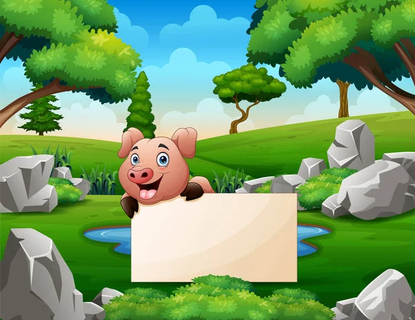 Cartoon Pig Holding Sign Board Park — Stockový vektor