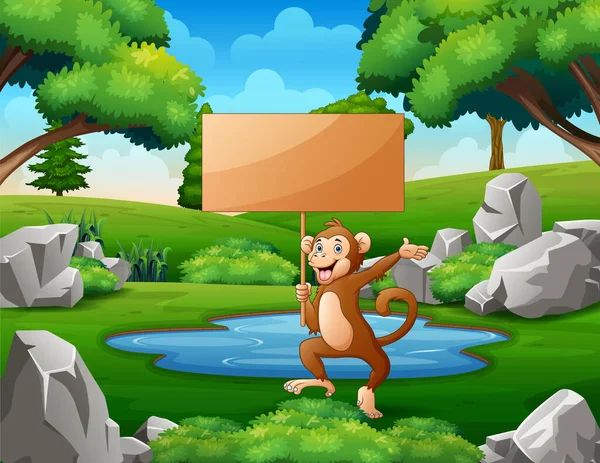 Opice Držící Prázdnou Dřevěnou Tabuli Parku — Stockový vektor