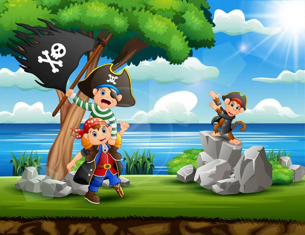 川岸で宝を探している漫画海賊の子供たち — ストックベクタ