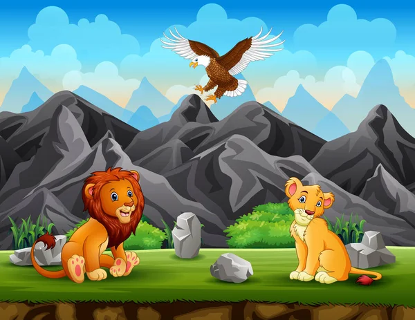 Zwei Löwen Und Ein Adler Genießen Die Natur — Stockvektor