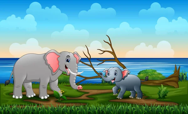 Maman Les Jeunes Éléphants Dans Domaine — Image vectorielle
