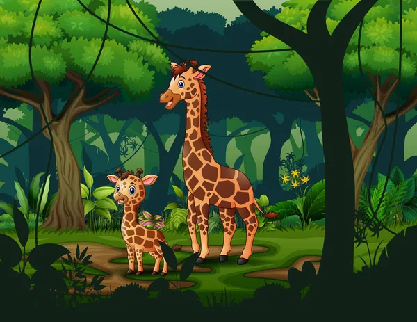 Une Girafe Avec Son Petit Dans Une Forêt Tropicale — Image vectorielle