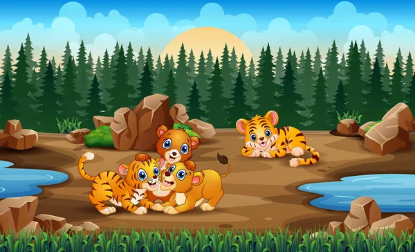 Tigre Las Familias Leones Jugando Campo — Vector de stock