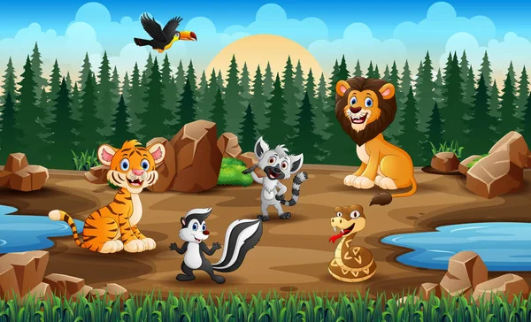 Scène Avec Des Animaux Sauvages Dans Champ Savane — Image vectorielle