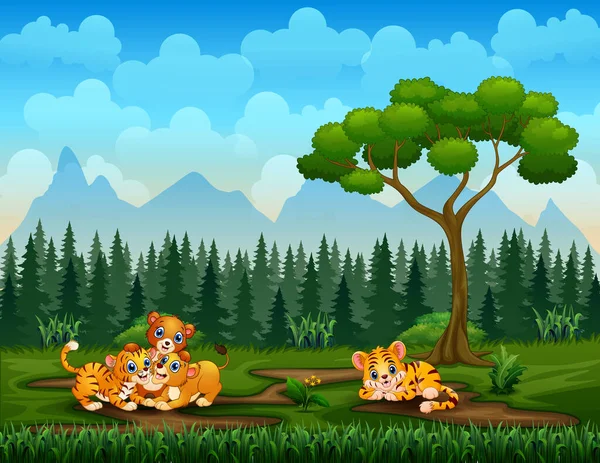 Tigre Dibujos Animados Familias Leones Jugando Fondo Naturaleza — Vector de stock