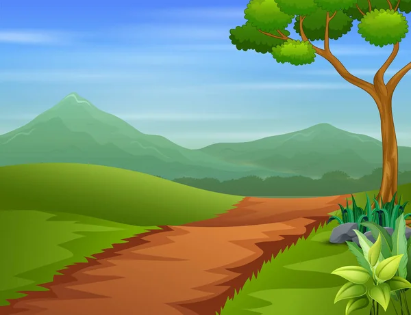 Шлях Проходить Через Зелене Поле Деревом Пагорбами — стоковий вектор