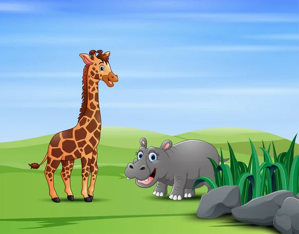 Une Girafe Avec Hippopotame Dans Champ Vert — Image vectorielle