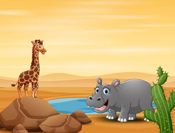 Une Girafe Hippopotame Bord Petit Étang — Image vectorielle