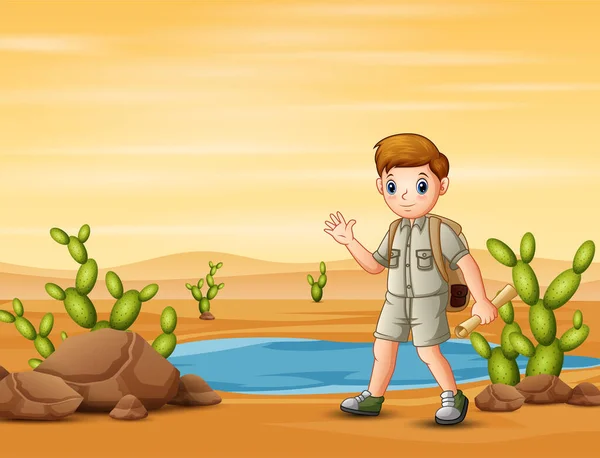 Niño Explorador Caminando Campo Del Desierto Con Mapas — Vector de stock