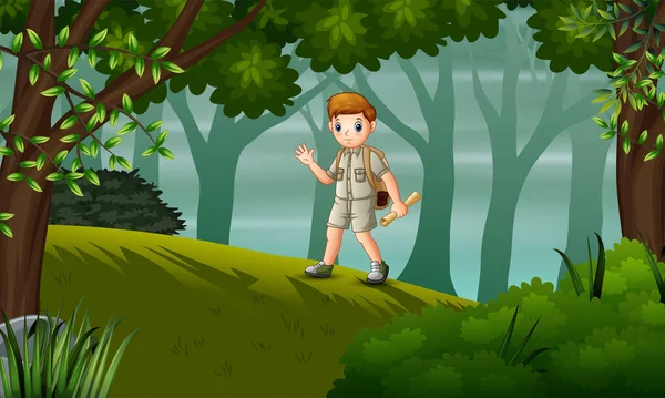 Niño Explorador Caminando Colina Con Mapas — Vector de stock