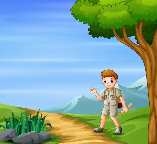 Scout Boy Caminar Por Colina — Archivo Imágenes Vectoriales