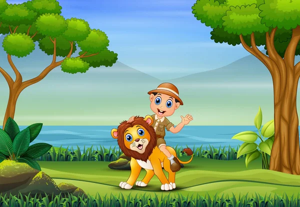 Safari Garçon Avec Lion Marchant Dans Nature — Image vectorielle