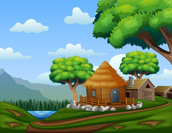 Cartoon barn house with a cabin on the hill