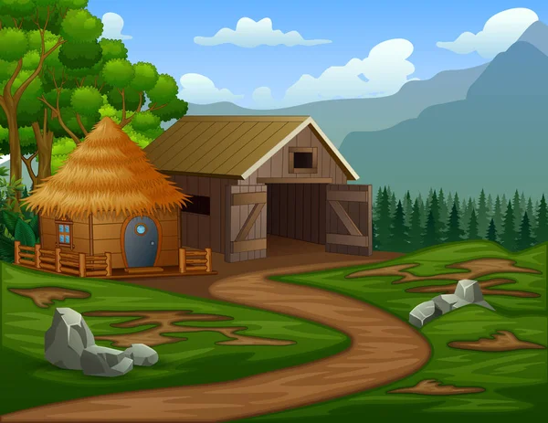 Maison Grange Bande Dessinée Avec Une Cabane Dans Terre Agricole — Image vectorielle