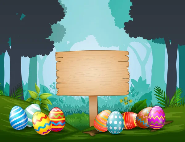 Huevos Pascua Con Letrero Madera Medio Del Bosque Oscuro — Vector de stock