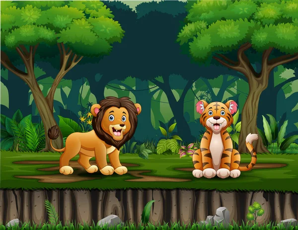 León Dibujos Animados Tigre Viviendo Selva — Vector de stock