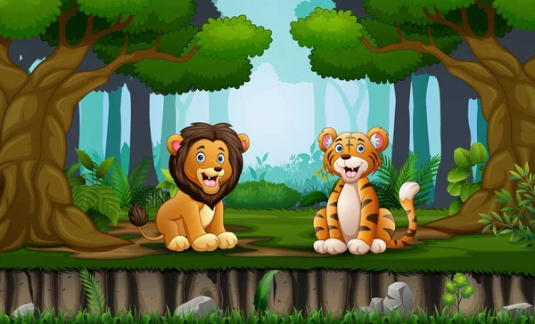 Löwe Und Tiger Sitzen Mitten Wald — Stockvektor