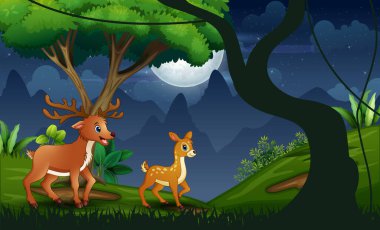 Anne geyik ve yavrusuyla gece ormanı