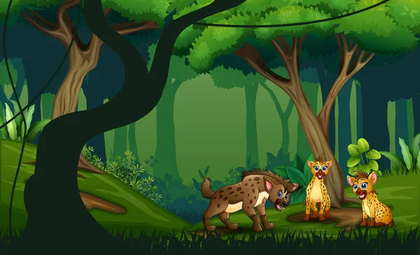 Cartoon Drie Hyena Een Tropische Jungle Regenwoud Achtergrond — Stockvector