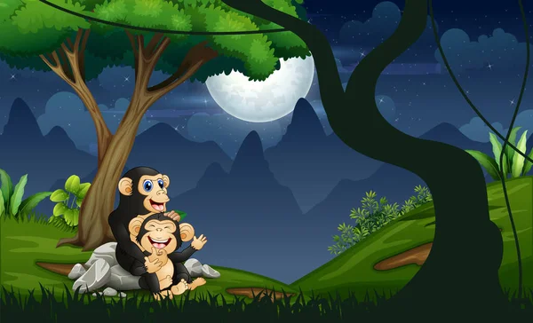 夜の森の中で赤ちゃんとチンパンジーの母親 — ストックベクタ