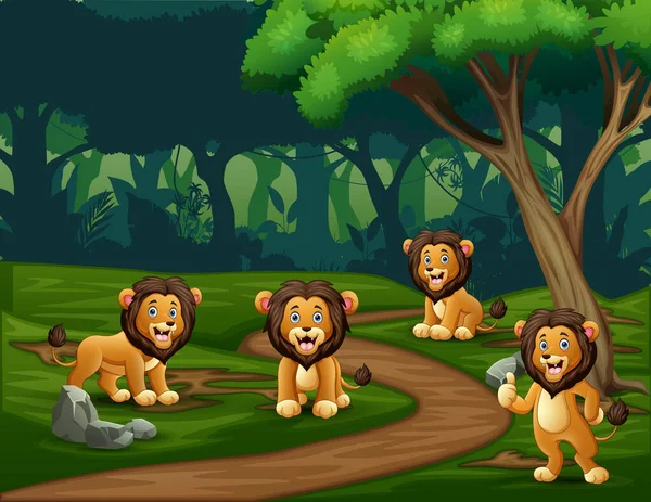 Eine Gruppe Löwen Genießt Wald — Stockvektor