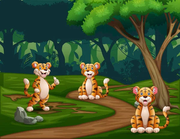Dibujos Animados Tres Tigres Disfrutando Bosque — Archivo Imágenes Vectoriales