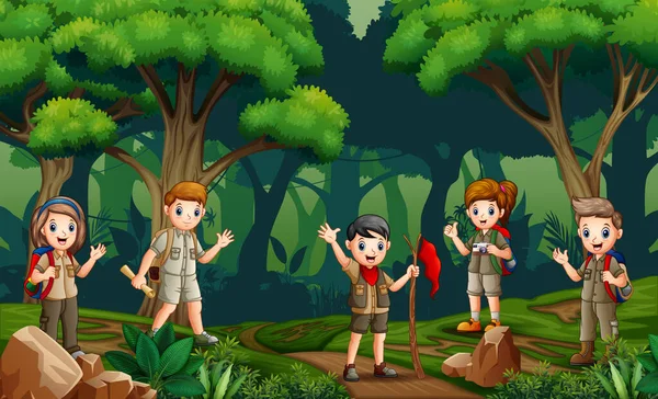 Gruppo Scout Che Camminano Nella Foresta — Vettoriale Stock