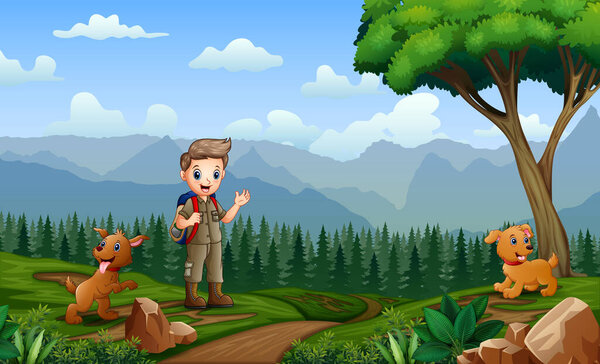 Young scout with his pet at nature